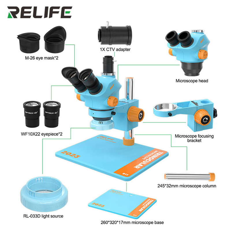 Electronics Repair Microscope - กล้องจุลทรรศน์สามตาซูมอิเล็กทรอนิกส์ RL-M5T-B11 0.7-5.0แบบต่อเนื่องพร้อมฐานขนาดใหญ่โทรศัพท์ดีไซน์กล้องจุลทรรศน์ซ่อมแซมไฟฟ้า PCB